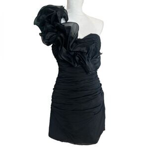 Cinderella Design Ruffle Sleeve Ruched Mini Dress Size Medium Solid Black